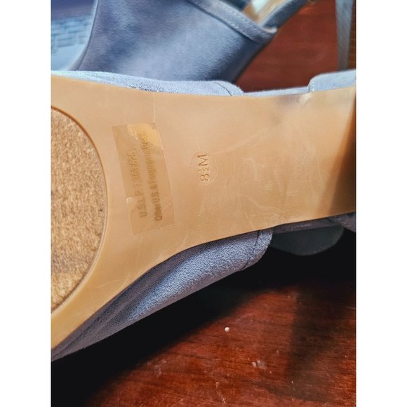 Guess Peep Toe Booties size 8.5 Stacked Heel wood Light Blue Gold Tone buckles - Picture 9 of 14